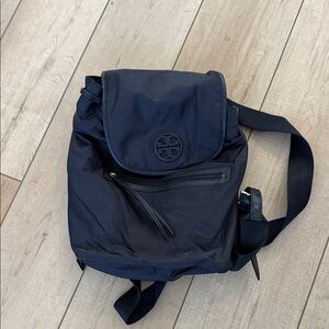 Tory Burch Black Nylon Drawstring Backpack with Logo Flap